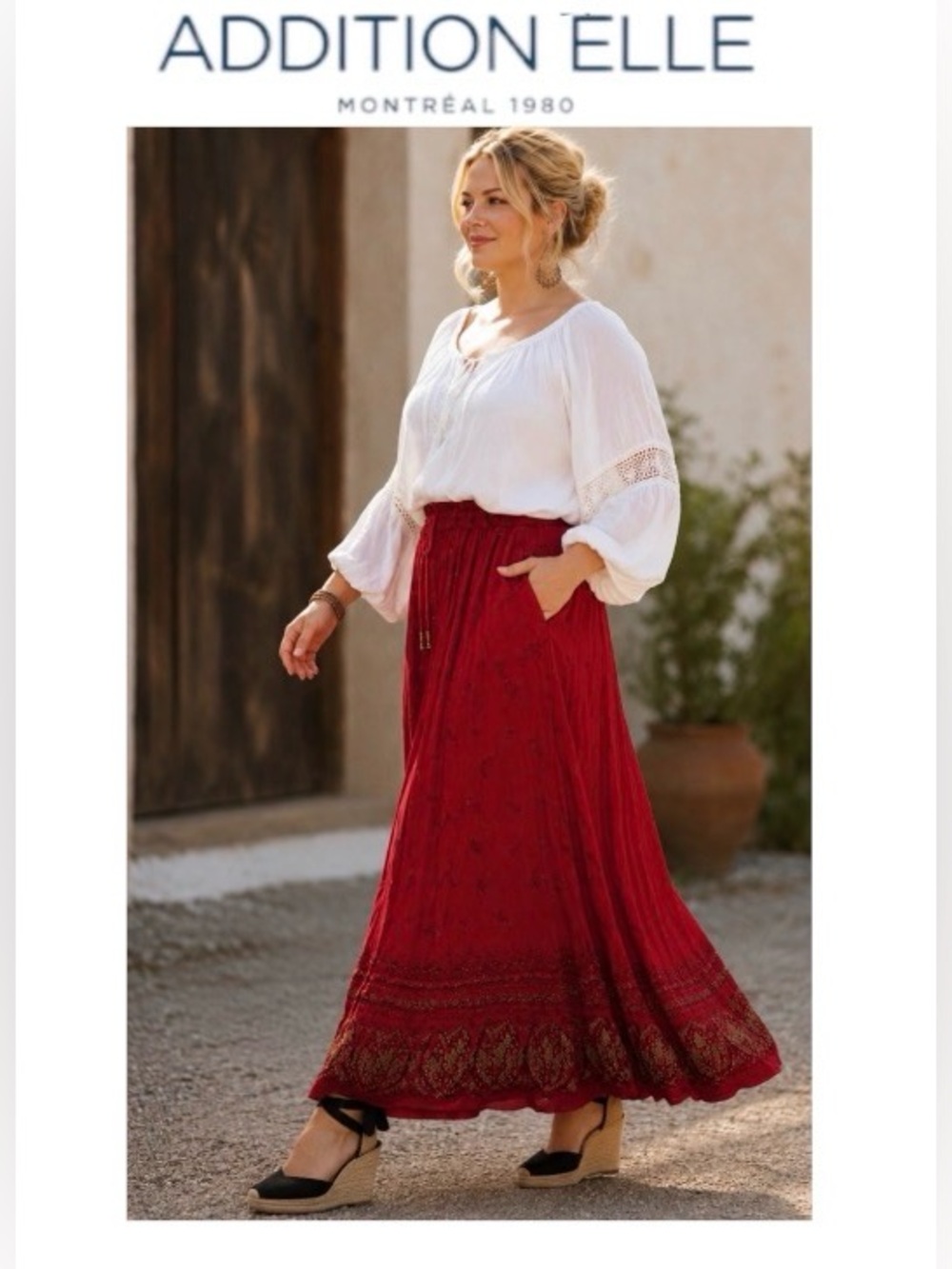 2X Red Bohemian Maxi Skirt with Drawstring Waist from Addition-Elle